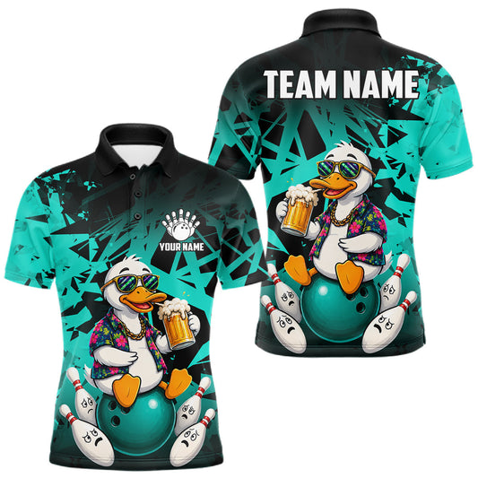 Maxcorners Personalized Turquoise Funny Duck Beer Bowling Jersey For Men Bowling Team Shirt, Gift For Bowlers