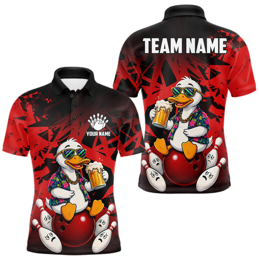 Maxcorners Personalized Red Funny Duck Beer Bowling Jersey For Men Bowling Team Shirt, Gift For Bowlers