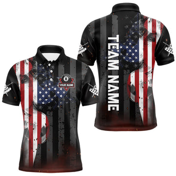 Maxcorners Personalized American Flag 8 Ball Billiard Shirt For Men, Patriotic Pool Team Jersey Polo, 1/4 Zip LM1809