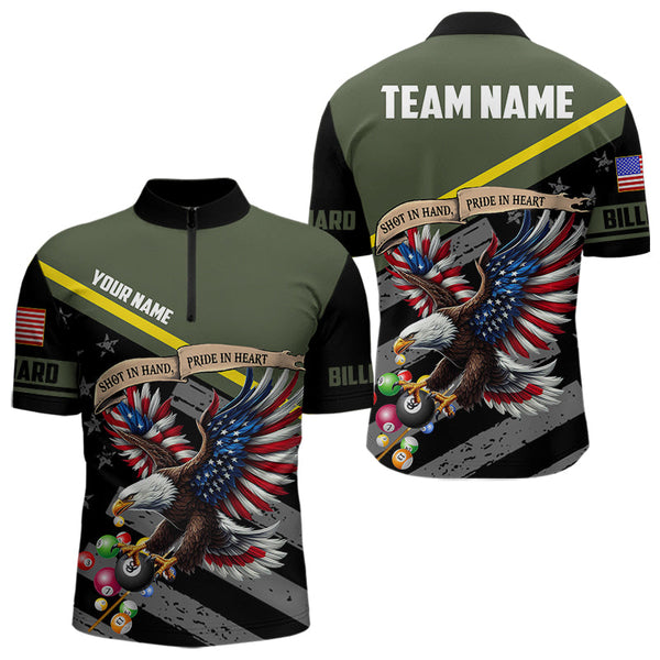 Maxcorners Shot In Hand Pride In Heart Custom Eagle Us Flag Green Men Billiard Shirt Army Billiard Team Jersey