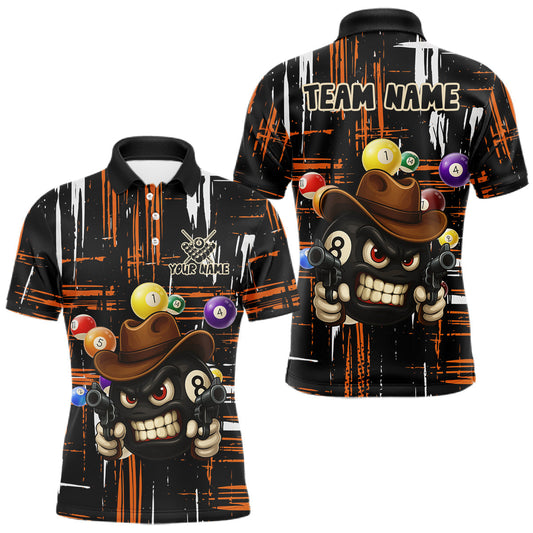 Maxcorners Personalized Orange Grunge Funny 8 Ball Billiard Shirt For Men, Pool Team Jersey Polo & 1/4 Zip