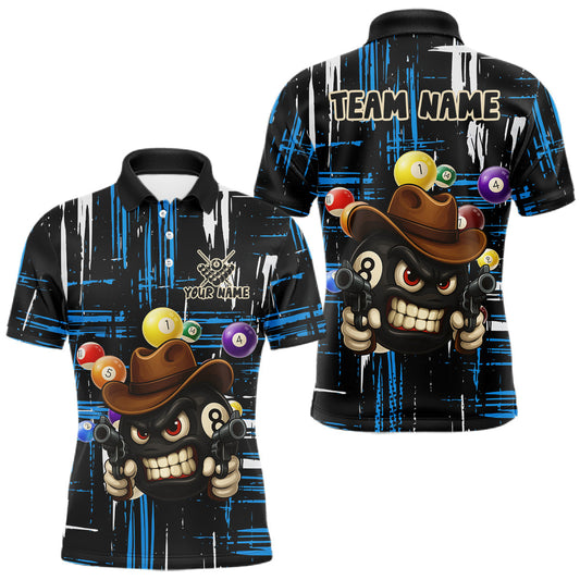 Maxcorners Personalized Blue Grunge Funny 8 Ball Billiard Shirt For Men, Pool Team Jersey Polo & 1/4 Zip