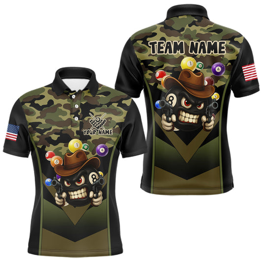 Maxcorners Personalized Green Camo Funny 8 Ball Billiard Shirt For Men Custom Pool Team Jersey Polo & 1/4 Zip
