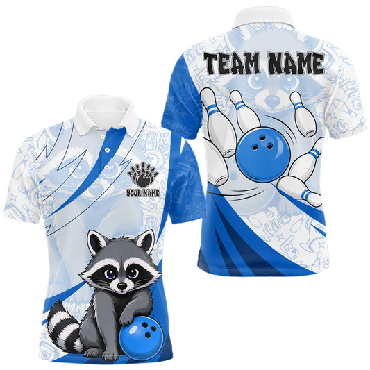 Maxcorners Custom Blue Funny Raccoon Bowling Jersey For Men Custom Bowling Shirts Team Polo & Quarter Zip