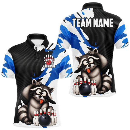 Maxcorners Funny Raccoon Blue Camo Bowling Shirts For Men Custom Bowling Team Jersey Bowling Polo & 1/4 Zip
