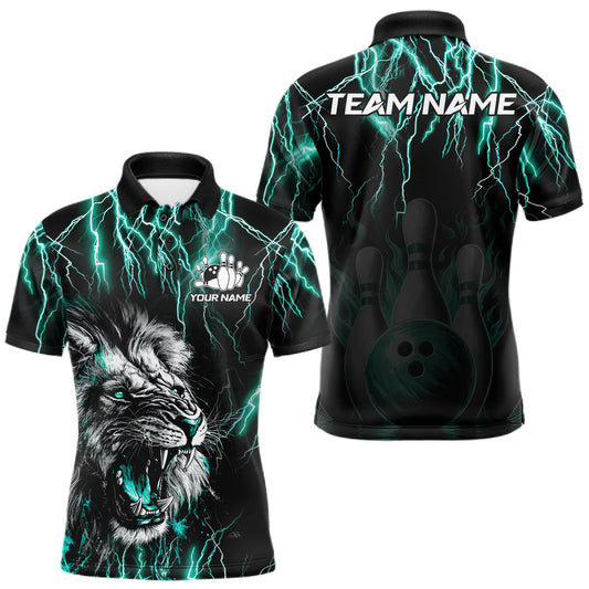 Maxcorners Black And Turquoise Thunder Lightning Lion Bowling Shirts For Men Custom Bowling Team Jersey LM2306