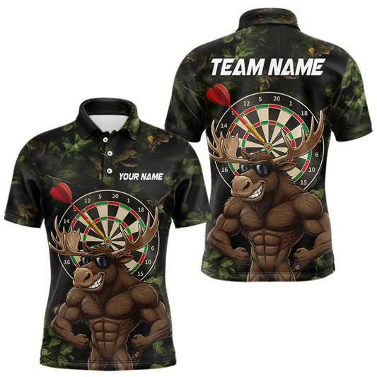 Maxcorners Personalized Green Camo Funny Moose Darts Shirts For Men Custom Darts Jersey Team Polo & 1/4 Zip LM2011
