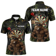 Maxcorners Personalized Green Camo Funny Moose Darts Shirts For Men Custom Darts Jersey Team Polo & 1/4 Zip LM2011