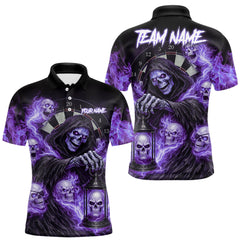 Maxcorners Purple Grim Reaper Flame Darts Shirt For Men Custom Skull Darts League Jersey Team Polo & 1/4 Zip