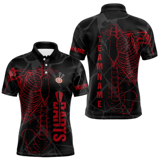 Maxcorners Black And Red Funny Skeleton Darts Polo & 1/4 Zip Custom Darts Shirt For Men Darts Team Jersey