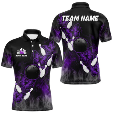 Maxcorners Black And Purple Custom Butterfly Bowling Shirt For Men, Bowling Team Jersey Polo & 1/4 Zip Shirt