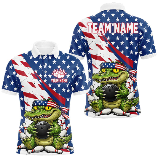 Maxcorners Funny Alligator American Flag Bowling Shirts For Men Custom Patriotic Bowling Jersey Polo & 1/4 Zip