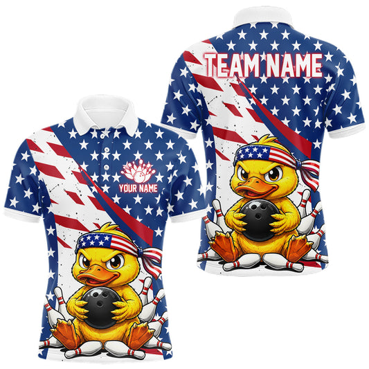 Maxcorners Funny Duck American Flag Bowling Shirts For Men Custom Patriotic Bowling Jersey Polo & 1/4 Zip