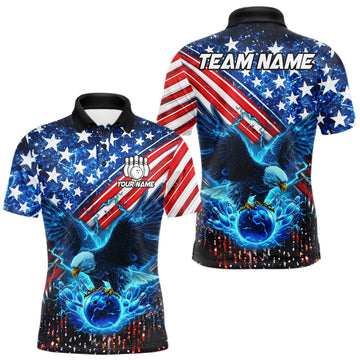 Maxcorners Blue Lightning Eagle Bowling Shirts For Men Custom American Flag Bowling Team Jersey Polo & 1/4 Zip