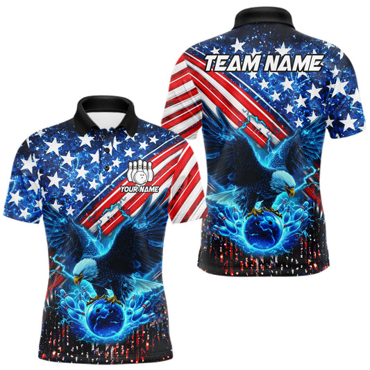 Maxcorners Blue Lightning Eagle Bowling Shirts For Men Custom American Flag Bowling Team Jersey Polo & 1/4 Zip