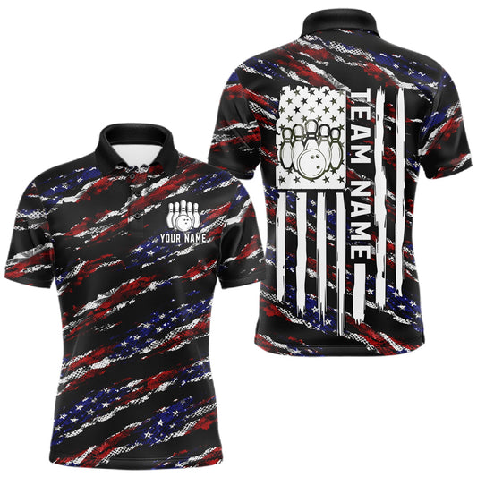 Maxcorners Black American Flag Bowling Shirt For Men, Custom Patriotic Bowling Team Jersey, Bowling Gifts LM2306