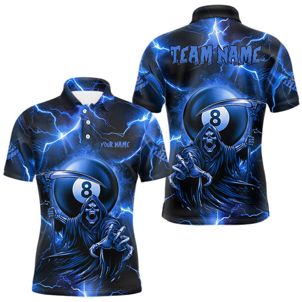 Maxcorners Personalized Blue Grim Reaper 8 Ball Men's Billiard Shirt Custom Thunder Lightning Pool Team Jersey TU2309