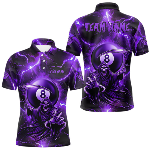 Maxcorners Purple Grim Reaper 8 Ball Men's Billiard Shirt Custom Thunder Lightning Halloween Pool Team Jersey MT2709