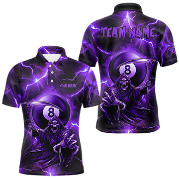 Maxcorners Purple Grim Reaper 8 Ball Men's Billiard Shirt Custom Thunder Lightning Halloween Pool Team Jersey LM1903