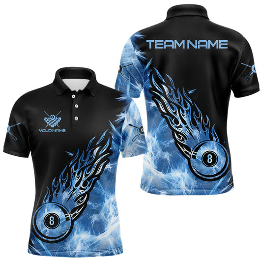 Maxcorners Black And Blue Flaming Icy 8 Ball Pool Billiard Shirt For Men Custom Billiard Team Jersey LM2201