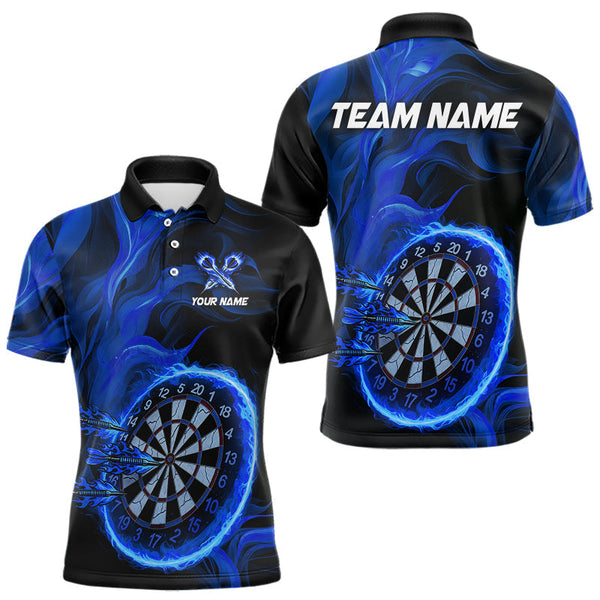 Maxcorners Blue Flaming Dartboard Shirt For Men Custom Fire Darts Jersey Polo & Quarter Zip Team Uniform  LM2408