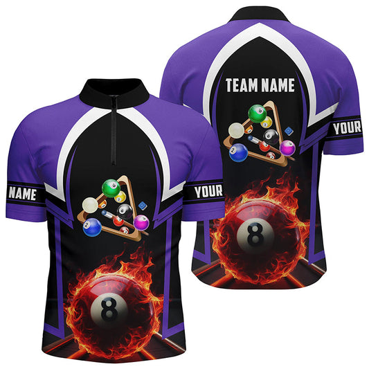Maxcorners 8 Ball Pool Fire 3D Personalized Purple Billiard Jerseys Quarter-Zip Shirts For Men LM123