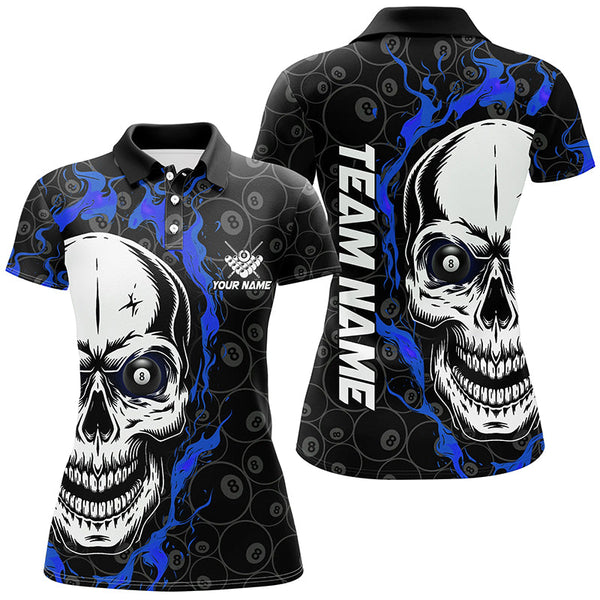 Maxcorners Personalized Blue Flame Skull Billiard Polo Shirts For Men Custom Team Name Billiard Jerseys Lm105
