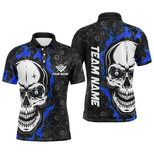 Maxcorners Personalized Blue Flame Skull Billiard Polo Shirts For Men Custom Team Name Billiard Jerseys Lm105