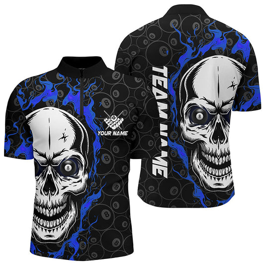 Maxcorners Personalized Blue Flame Skull Billiard Polo Shirts For Men Custom Team Name Billiard Jerseys Lm105