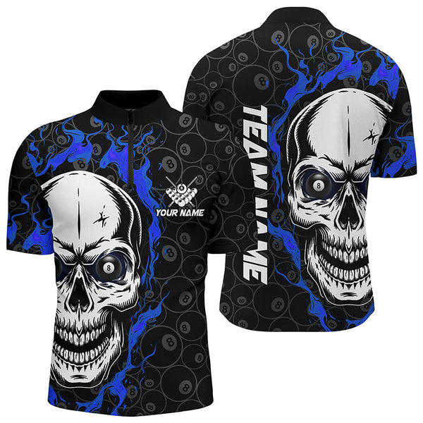 Maxcorners Personalized Blue Flame Skull Billiard Polo Shirts For Men Custom Team Name Billiard Jerseys Lm105