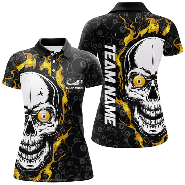 Maxcorners Personalized 9 Ball Pool Yellow Flame Skull Billiard Men Polo Shirts Custom Name Billiard Jerseys Lm105