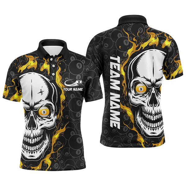 Maxcorners Personalized 9 Ball Pool Yellow Flame Skull Billiard Men Polo Shirts Custom Name Billiard Jerseys Lm105