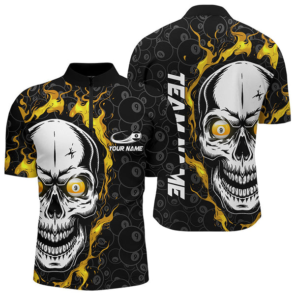 Maxcorners Personalized 9 Ball Pool Yellow Flame Skull Billiard Men Polo Shirts Custom Name Billiard Jerseys Lm105