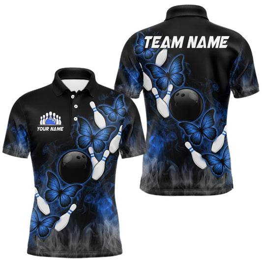 Maxcorners Black And Blue Custom Butterfly Bowling Shirt For Men, Smoke Bowling Team Jersey Polo & 1/4 Zip LM2704