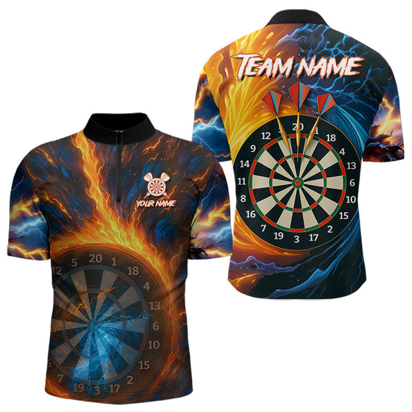Maxcorners Personalized Blue And Orange Swirl Fire Flame Dart Shirt For Men Custom Darts League Team Jersey LM3006