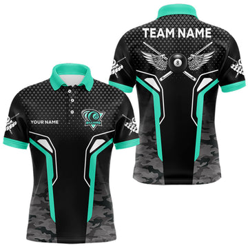 Maxcorners Black & Turquoise 8 Ball Pool Wings Custom Camo Billiard Shirt For Men, Billiard Team Jersey MT2407
