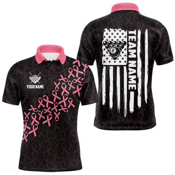 Maxcorners Pink Ribbons US Flag 8 Ball Billiard Shirt For Men Custom Breast Cancer Awareness Pool Team Jersey LM2607