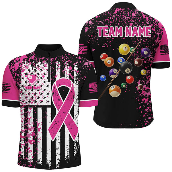 Maxcorners Pink Ribbon Black Grunge American Flag Custom Billiard Shirt For Men, Breast Cancer Billiard Jersey LM1809