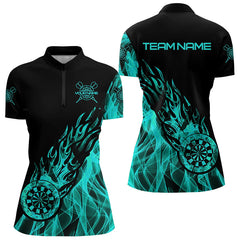 Maxcorners Black And Turquoise Fire Flame Darts Polo & Quarter Zip Custom Dart Shirt For Women Dart Jerseys