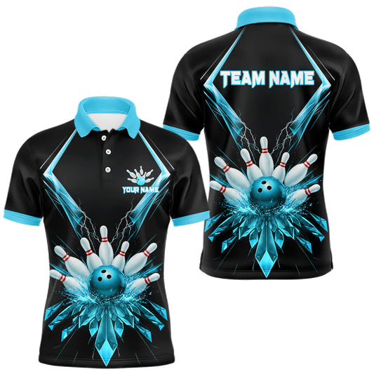 Maxcorners Custom Blue Bowling Jersey For Men, Crystal Lightning Bowling League Shirt Team Polo & 1/4 Zip LM2704