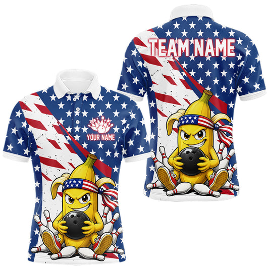 Maxcorners Funny Banana American Flag Bowling Jersey For Men, Custom Patriotic Bowling Shirts Polo & 1/4 Zip LM2405