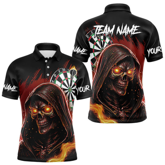 Maxcorners Personalized Red Grim Reaper Fire Dart Shirts For Men Custom Skull Dart Jersey Polo & 1/4 Zip LM2512