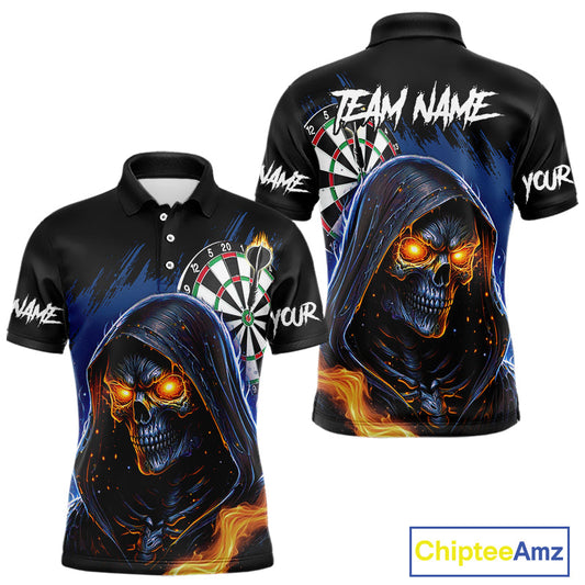 Maxcorners Personalized Blue Grim Reaper Fire Dart Shirts For Men Custom Skull Dart Jersey Polo & 1/4 Zip LM2512