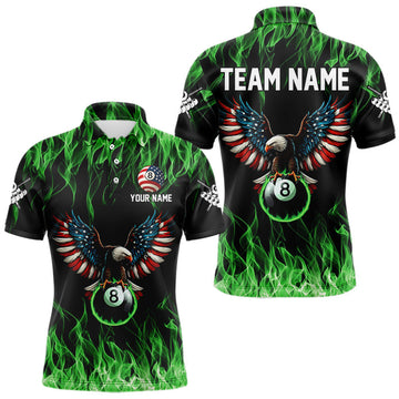Maxcorners Green Flaming American Flag Eagle 8 Ball Billiard Shirt For Men Custom Patriotic Pool Team Jersey