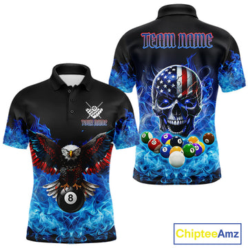 Maxcorners Blue Flame Smoke American Flag Eagle Skull Billiard Shirt For Men Custom 8 Ball Pool Team Jersey