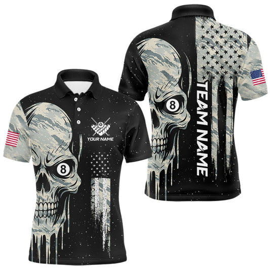 Maxcorners Grunge Camo Skull American Flag Billiard Shirt For Men Custom Patriotic 8 Ball Pool Team Jersey LM3006