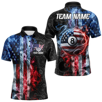 Maxcorners Smoke American Flag 8 Ball Pool Billiard Jersey For Men Custom Patriotic Pool Team Shirts, Team Jersey Polo & Quarter Zip LM2607