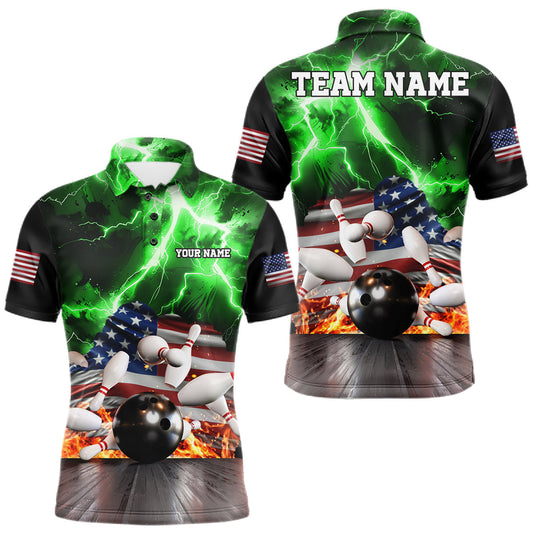 Maxcorners Green Lightning Thunder American Flag Bowling Shirts For Men Custom Bowling Team League Jersey Polo & 1/4 Zip LM2806