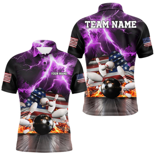Maxcorners Purple Lightning Thunder American Flag Bowling Shirts For Men Custom Bowling Team League Jersey Polo & 1/4 Zip LM2806