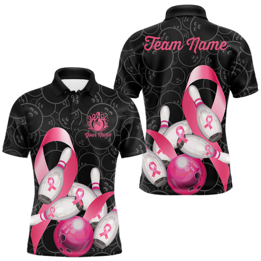 Maxcorners Pink Ribbon Men's Bowling Shirt, Custom Breast Cancer Awareness Bowling League Team Jersey